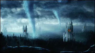 Misty Dramatic Wallpaper World Wallpaper 4K 2560x1440 A, Dramatic, Sci‑fi, Cityscape, Under, Turbulent, Skies, Featuring, Towering, Structures, Swirling, Storms, Gray, Ultrawide, QHD