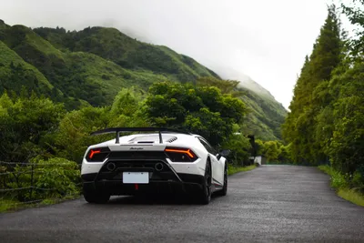 Misty White Wallpaper Cars Wallpaper 4K 5592x3728 Rear, View, Of, A, White, Lamborghini, Huracan, Sports, Car, Wet, Mountain, Road, Landscape, 4k