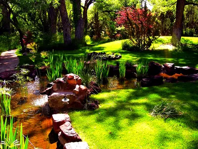 Dark Serene Wallpaper Nature Wallpaper 4K 1600x1200 A, Serene, Garden, Scene, With, Lush, Green, Grass, Small, Stream, Rocks, Tall, White, Yellow, Landscape