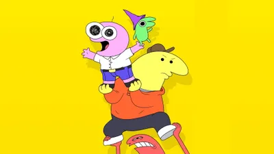 Smiling Friends Cartoon Trio Cars Wallpaper 4K 3840x2160 Smiling, Friends, 4k, Ultra, Hd, Pc, Desktop, Wallpaper:, Cartoon, Trio, Stacked, Playful, Yellow, Purple, Ultrawide