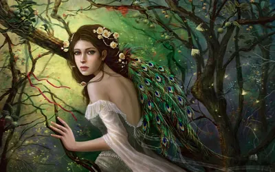 Calm Fantasy Wallpaper Nature Wallpaper 4K 1680x1050 A, Fantasy, Hd, Wallpaper, Featuring, Woman, With, Peacock, Feathers, Seated, Mystical, Forest, Gray, White, Ultrawide