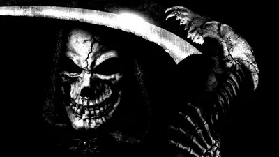 Dark Atmospheric Grim Reaper Menacing Black/Dark Wallpaper 4K 1920x1080 A, Dark, And, Atmospheric, Hd, Wallpaper, Featuring, Grim, Reaper, Menacing, Expression, Scythe, White, Ultrawide, Full HD