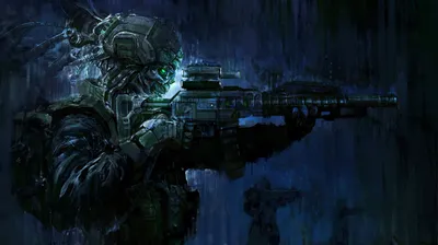 Sci Warrior Clad Black/Dark Wallpaper 4K 1920x1076 A, Sci‑fi, Warrior, Clad, In, Advanced, Armor, Aims, Assault, Rifle, Rain, Depicted, Brown, Gray, Ultrawide, Full HD