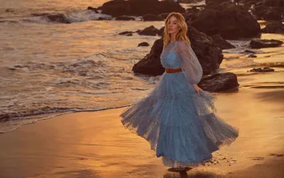 Moody American Wallpaper Nature Wallpaper 4K 2048x1284 American, Actress, Sydney, Sweeney, In, A, Flowing, Blue, Dress, Stands, Rocky, Beach, Gray, Brown, Ultrawide, Full HD