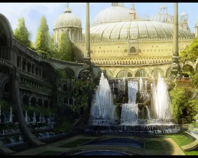 Fantasy Cityscape Grand Architecture World Wallpaper 4K 1500x1200 A, Stunning, Fantasy, Cityscape, Featuring, Grand, Architecture, Cascading, Waterfalls, Lush, Greenery, Offering, White, Square