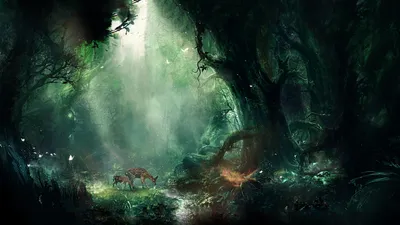 Serene Fantasy Forest Fawn Deer Animals Wallpaper 4K 2560x1440 A, Serene, Fantasy, Forest, Scene, Featuring, Fawn, Deer, Illuminated, Soft, Light, Filtering, Gray, Ultrawide, QHD