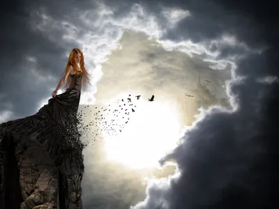 Mystical Fantasy Woman Flowing Animals Wallpaper 4K 1600x1200 A, Mystical, Fantasy, Scene, Featuring, Woman, In, Flowing, Black, Gown, Standing, Atop, White, Landscape