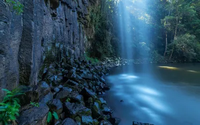 Moody Tranquil Wallpaper Nature Wallpaper 4K 2560x1600 Tranquil, Waterfall, Cascading, Into, A, Misty, Pool, Beside, Rocky, Cliff, Sunbeams, Through, Pink, Brown, Ultrawide, QHD