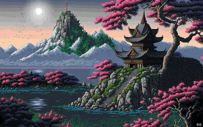 Pixel Art Serene Lake Traditional Nature Wallpaper 4K 1920x1200 Pixel, Art, Hd, Wallpaper:, Featuring, A, Serene, Lake, Scene, Traditional, Buildings, Cherry, Gray, Ultrawide, Full HD