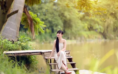 Serene Asian Woman Flowing Dress Nature Wallpaper 4K 2560x1600 Hd, Desktop, Wallpaper, Featuring, A, Serene, Asian, Woman, Flowing, Dress, Sitting, Wooded, Gray, Ultrawide, QHD