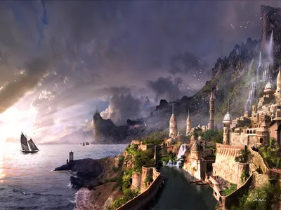 Artistic Fantasy Landscape Boat Ocean Nature Wallpaper 4K 1600x1200 Hd, Desktop, Wallpaper, An, Artistic, Fantasy, Landscape, Featuring, Boat, Ocean, Majestic, Building, Gray