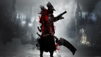 Dark Fantasy Bloodborne Warrior Stands World Wallpaper 4K 2560x1440 Dark, Fantasy, Bloodborne, Warrior, Stands, Against, A, Foggy, Gothic, Cityscape, Wielding, Large, Gray, White, Ultrawide, QHD