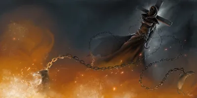 Sleek Dark Wallpaper Black/Dark Wallpaper 4K 12000x6000 Dark, Witch, Wielding, A, Fiery, Chained, Weapon, Engulfed, Flames, Rendered, Stunning, Ultra, Brown, Ultrawide, 4k