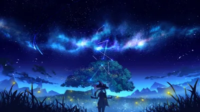 Crisp Vibrant Wallpaper Space Wallpaper 4K 4000x2250 A, Vibrant, Starry, Sky, Illuminates, The, Scene, As, Mona, Genshin, Impact, Stands, Brown, Ultrawide, 4k