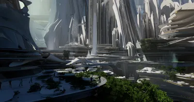 Futuristic Sci Cityscape World Wallpaper 4K 3840x2038 Futuristic, Sci-fi, Cityscape, With, Towering, Structures, And, Lush, Greenery, Depicted, Desktop, Gray, Ultrawide, 4k