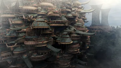 Detailed Fantasy Cityscape World Wallpaper 4K 1920x1080 A, Detailed, Fantasy, Cityscape, With, Layered, Pagoda-style, Buildings, Surrounded, Mist, Rendered, Desktop, Gray, White, Ultrawide, Full HD