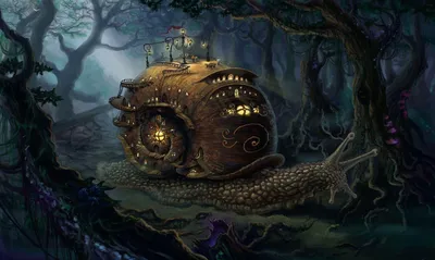 Dark Fantasy Forest Giant Animals Wallpaper 4K 1974x1180 A, Dark, Fantasy, Forest, Scene, With, Giant, Snail, Housing, Glowing, Intricately, Detailed, Gray, Ultrawide, Full HD