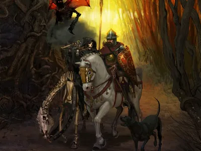 Fantasy Depicting Warrior Animals Wallpaper 4K 1600x1200 Hd, Fantasy, Desktop, Wallpaper, Depicting, A, Warrior, Clad, Armor, Horse, Leading, Skeletal, White, Yellow, Landscape