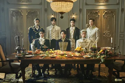 Seven Young Men Ornate Military Abstract Wallpaper 4K 3000x2000 Seven, Young, Men, In, Ornate, Military-style, Outfits, Pose, Around, Lavish, Banquet, Table, Gray, Landscape, QHD