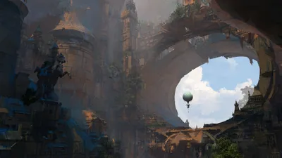 Fantasy Cityscape Towering World Wallpaper 4K 2120x1192 Hd, Fantasy, Cityscape, Wallpaper, Featuring, Towering, Ancient, Structures, Open, Sky, View, Framed, Gray, White, Ultrawide, Full HD