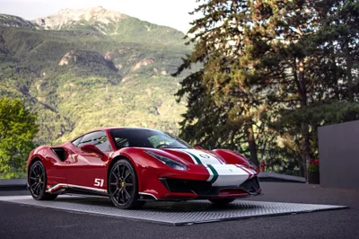Dark Red Wallpaper Cars Wallpaper 4K 4096x2730 A, Red, Ferrari, 488, Supercar, With, Racing, Stripes, Parked, Outdoors, Set, Against, White, Gray, Ultrawide, 4k