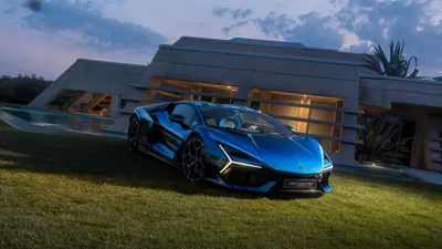 Blue Sports Car Cars Wallpaper 4K 3840x2160 Blue, Lamborghini, Sports, Car, Parked, On, Grass, In, Front, Modern, House, Dusk, Gray, Ultrawide, 4k