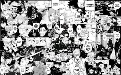 Vivid Collage Wallpaper Black/Dark Wallpaper 4K 8071x5048 Collage, Of, Dynamic, Black-and-white, Panels, From, Jujutsu, Kaisen, Manga, Showcased, Ultra, Quality, White, Ultrawide, 4k