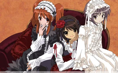 Bright Haruhi Wallpaper Nature Wallpaper 4K 1920x1200 Haruhi, Suzumiya, Mikuru, Asahina, And, Yuki, Nagato, In, Frilly, Gothic-lolita, Dresses, Seated, White, Orange, Ultrawide, Full HD