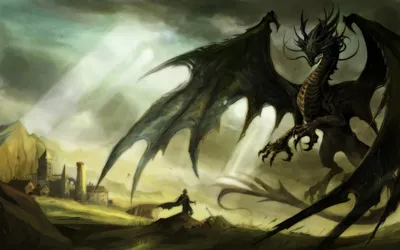 Majestic Dragon Towers Fantasy Wallpaper 4K 1920x1200 A, Majestic, Dragon, Towers, Over, Landscape, Casting, Shadows, While, Lone, Figure, Stands, White, Ultrawide, Full HD