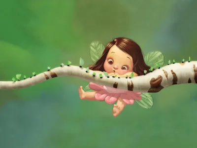 Cute Baby Fairy Fantasy Wallpaper 4K 1600x1200 A, Cute, Baby, Fairy, With, Brown, Hair, And, Green, Wings, Sits, Tree, Landscape