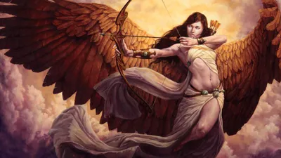 Moody Powerful Wallpaper Fantasy Wallpaper 4K 1920x1080 A, Powerful, Angel, Warrior, Draws, Her, Bow, Adorned, Majestic, Wings, Amidst, Swirling, White, Pink, Ultrawide, Full HD