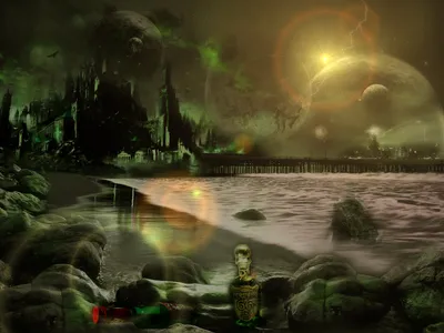 Dark Fantasy Cityscape Glowing Sky World Wallpaper 4K 1600x1200 A, Dark, Fantasy, Cityscape, Under, Glowing, Sky, Celestial, Bodies, Featuring, Mysterious, Shoreline, Brown, Gray, Landscape