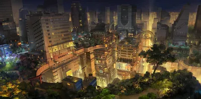 Bright Anime Wallpaper World Wallpaper 4K 2339x1150 Hd, Anime, Cityscape, At, Night, With, Illuminated, Buildings, Lush, Greenery, Presented, Detailed, Brown, Ultrawide, Full HD