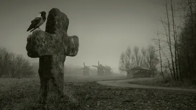 Vibrant Dark Wallpaper Black/Dark Wallpaper 4K 1920x1080 A, Dark, Landscape, Features, Stone, Cross, With, Crow, Perched, Looming, Over, Misty, Gray, Ultrawide, Full HD