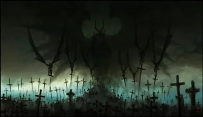 Dark Graveyard Filled Black/Dark Wallpaper 4K 2115x1215 Dark, Graveyard, Filled, With, Crosses, Looming, Ominous, Demon, Figure, Glowing, Red, Eyes, Gray, Brown, Ultrawide, Full HD
