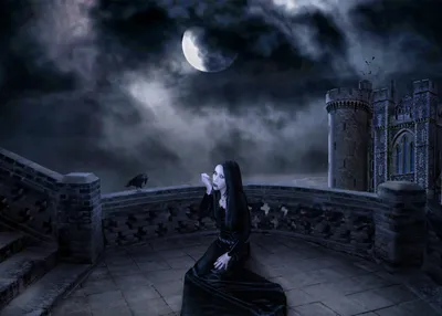 Bold Dark Wallpaper Fantasy Wallpaper 4K 6100x4356 A, Dark, Fantasy, Scene, With, Gothic, Woman, Sitting, Stone, Balcony, Under, Glowing, Gray, Landscape, 4k