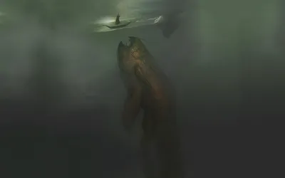 Captivating Fantasy Monster Looming Fantasy Wallpaper 4K 1920x1200 A, Captivating, Fantasy, Scene, Featuring, Sea, Monster, Looming, Beneath, Surface, While, Small, Gray, Ultrawide, Full HD