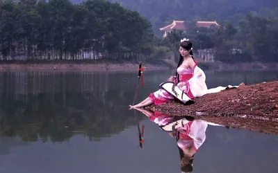 Dark Asian Wallpaper Nature Wallpaper 4K 1920x1200 An, Asian, Woman, In, Traditional, Attire, Sits, By, Calm, Lake, Serene, Forest, Brown, White, Ultrawide, Full HD