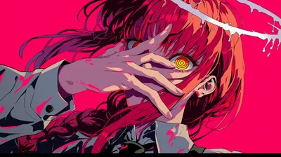 Anime Character Makima Chainsaw Man Abstract Wallpaper 4K 2912x1632 Anime, Character, Makima, From, Chainsaw, Man, Peering, Through, Hand, Sign, Vibrant, Pink, Gray, Red, Ultrawide, QHD