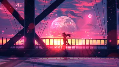 Anime Fantasy Girl Bridge Space Wallpaper 4K 1920x1080 Anime-style, Fantasy, Wallpaper, Featuring, A, Girl, On, Bridge, Giant, Planet, Soaring, Whales, Black, Ultrawide, Full HD