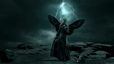 Dark Angel Black Black/Dark Wallpaper 4K 1920x1080 Dark, Angel, With, Black, Wings, Stands, On, Rocky, Ground, Under, Stormy, Sky, White, Gray, Ultrawide, Full HD