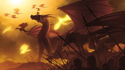 Bright Dramatic Wallpaper Fantasy Wallpaper 4K 2400x1350 A, Dramatic, Fantasy, Scene, Featuring, Wyvern, Hydra, Phoenix, Leading, Army, Large, Dragon, Orange, Brown, Ultrawide, Full HD