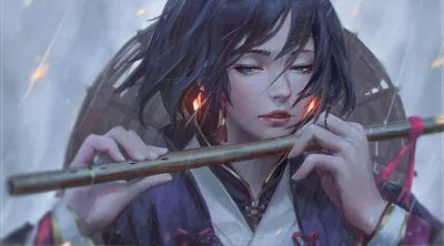 Fantasy Themed Woman Short Fantasy Wallpaper 4K 1944x1080 A, Fantasy-themed, Hd, Wallpaper, Of, Woman, With, Short, Hair, Kimono, Playing, Flute, Gray, Ultrawide, Full HD