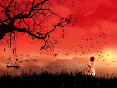Radiant Fantasy Wallpaper Nature Wallpaper 4K 1600x1200 Fantasy, Landscape, With, A, Fiery, Red, Sky, Silhouette, Child, Tree, Swing, Birds