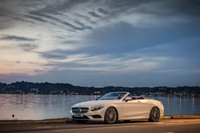 Sleek White Benz Nature Wallpaper 4K 4096x2731 A, Sleek, White, Mercedes-benz, S-class, Convertible, Parked, By, Waterfront, Showcasing, Elegance, Against, Gray, Landscape, 4k