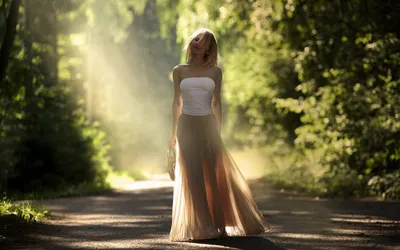 Vivid Woman Wallpaper Nature Wallpaper 4K 1920x1200 A, Woman, In, White, Top, And, Long, Flowing, Skirt, Stands, Sunlit, Forest, Gray, Ultrawide, Full HD