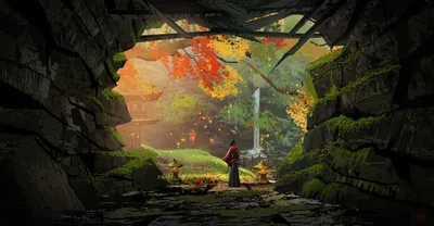 Fantasy Samurai Stands Moss Nature Wallpaper 4K 3500x1823 A, Fantasy, Samurai, Stands, In, Moss-covered, Stone, Cave, Entrance, Overlooking, Vibrant, Autumn, Gray, Orange, Ultrawide, QHD