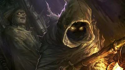 Dark Fantasy Cloaked Figures Glowing Fantasy Wallpaper 4K 1920x1080 A, Dark, Fantasy, Scene, Featuring, Cloaked, Figures, With, Glowing, Eyes, Set, Against, Brown, Green, Ultrawide, Full HD
