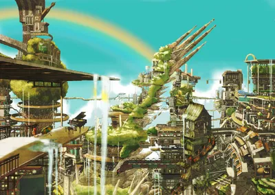 Anime Cityscape Futuristic World Wallpaper 4K 3000x2128 Hd, Anime, Cityscape, Wallpaper, Featuring, Futuristic, Buildings, With, Greenery, Rainbow, Arching, Across, Pink, Orange, Landscape, QHD