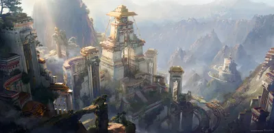 Fantasy Cityscape Depicting Ancient Towering World Wallpaper 4K 2840x1378 Hd, Fantasy, Cityscape, Depicting, Ancient, Towering, Stone, Structures, Surrounded, Misty, Mountains, Creating, White, Gray, Ultrawide, QHD